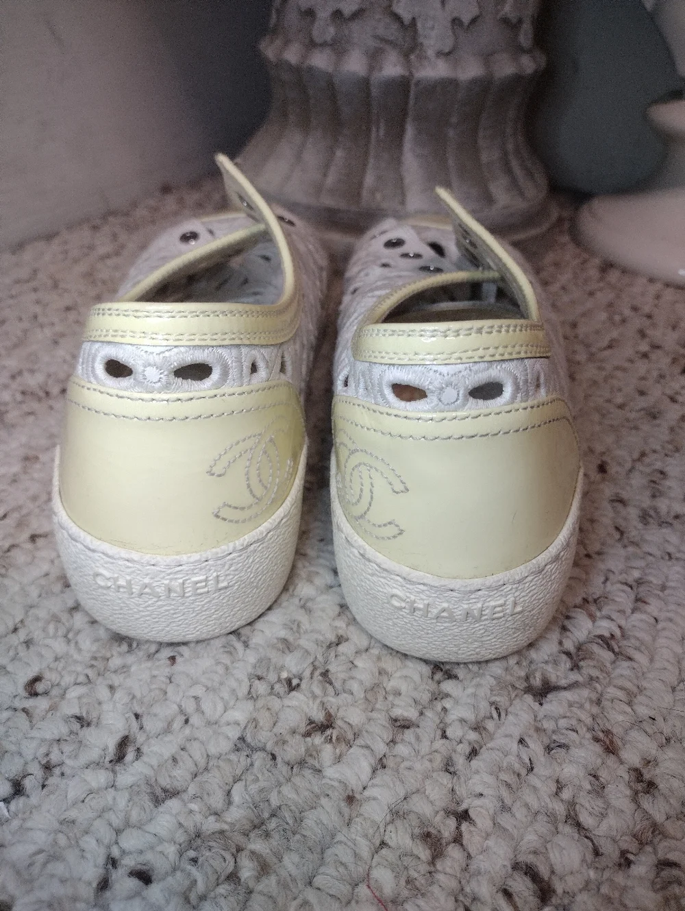 Chanel White & Cream Floral Laser Cutout Lace-up Sneakers - Picture 3 of 9